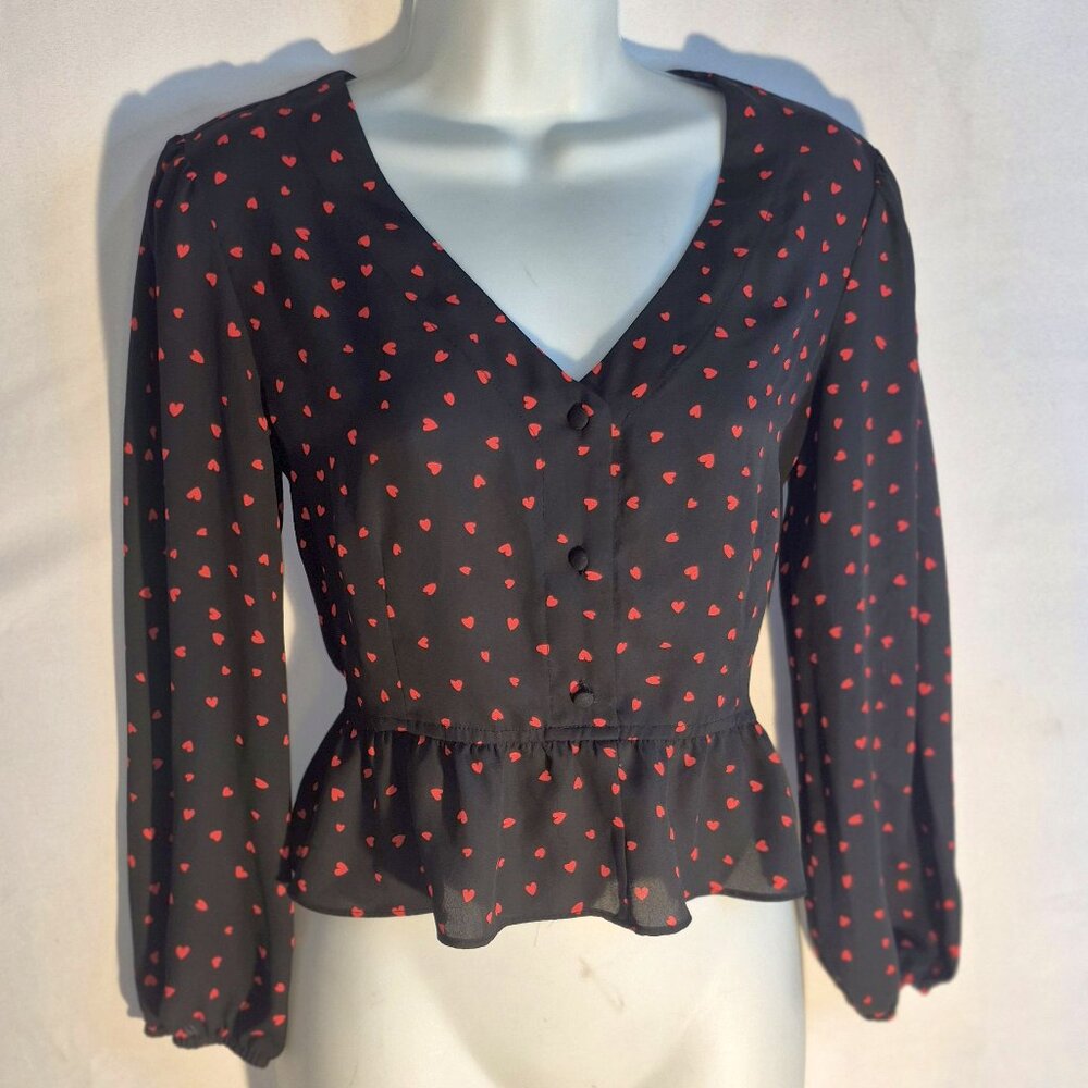 CANDIE'S ruffled blouse, dark blue with red hearts in size small